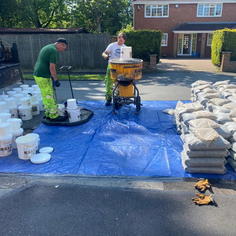 Ocean Grey Resin Bound Gravel Driveway - Material Stacked & Mixer In Use