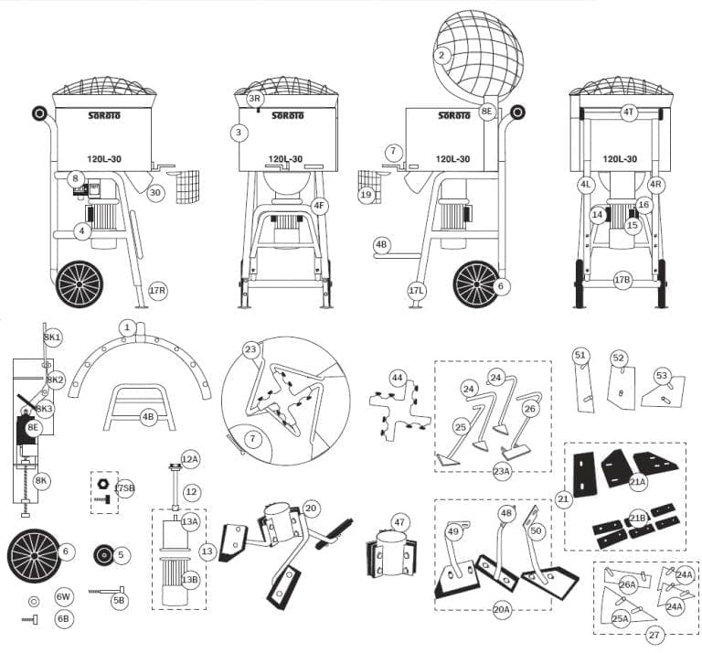 SoRoTo 120L Forced Action Mixer Spare Parts Diagram