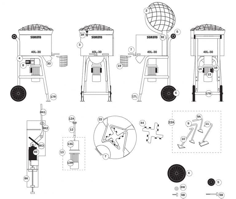 SoRoTo 40L Forced Action Mixer Spare Parts Diagram